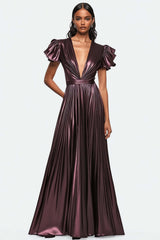 Dressystars Metallic Dusty Purple Wedding Guest Dress V-Neck Pleated Satin Formal Dress