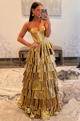 Dressystars Metallic Gold A-Line Sweetheart Long Tiered Ruffle Prom Gown Formal Evening Gown