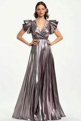 Dressystars Metallic Taro Purple Wedding Guest Dress Pleated Formal Dress With Short Ruffled Sleeves