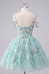 Dressystars Mint Cold-Shoulder Floral Beaded A-Line Corset Short Homecoming Dress