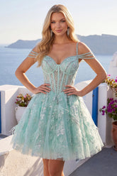 Dressystars Mint Cold-Shoulder Floral Beaded A-Line Corset Short Homecoming Dress