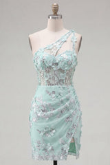 Dressystars Mint Floral Beaded Keyhole Corset Tight Short Homecoming Dress with Slit