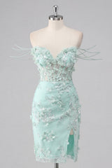 Dressystars Mint Floral Beaded Ruched Corset Tight Short Homecoming Dress with Slit