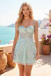 Dressystars Mint Floral Cold-Shoulder Beaded A-Line Corset Short Homecoming Dress