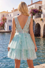 Dressystars Mint Floral V-Neck Beaded A-Line Short Homecoming Dress with Ruffles