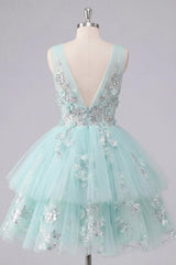 Dressystars Mint Floral V-Neck Beaded A-Line Short Homecoming Dress with Ruffles