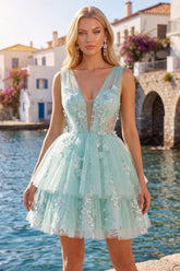 Dressystars Mint Floral V-Neck Beaded A-Line Short Homecoming Dress with Ruffles