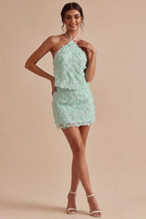 Dressystars Mint Green Floral Halter 2-Piece Tight Short Homecoming Dress