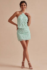 Dressystars Mint Green Floral Halter 2-Piece Tight Short Homecoming Dress