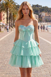Dressystars Mint Green Strapless Beaded A-Line Corset Short Homecoming Dress with Ruffles