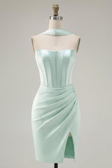 Dressystars Mint Green Strapless Ruched Corset Tight Short Homecoming Dress with Slit