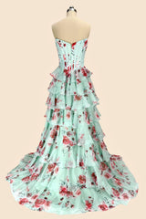 Dressystars Mint Green Watercolor Floral Strapless Prom Dress With Sweetheart Tiered Chiffon Train Formal Evening Gown