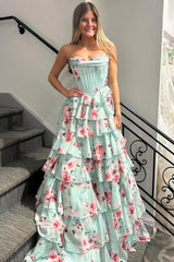 Dressystars Mint Green Watercolor Floral Strapless Prom Dress With Sweetheart Tiered Chiffon Train Formal Evening Gown