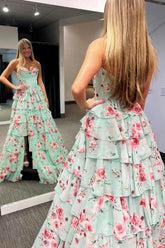 Dressystars Mint Green Watercolor Floral Strapless Prom Dress With Sweetheart Tiered Chiffon Train Formal Evening Gown