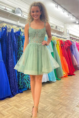 Dressystars Mint Homecoming Dress A Line Corset Short Prom Dress with Lace