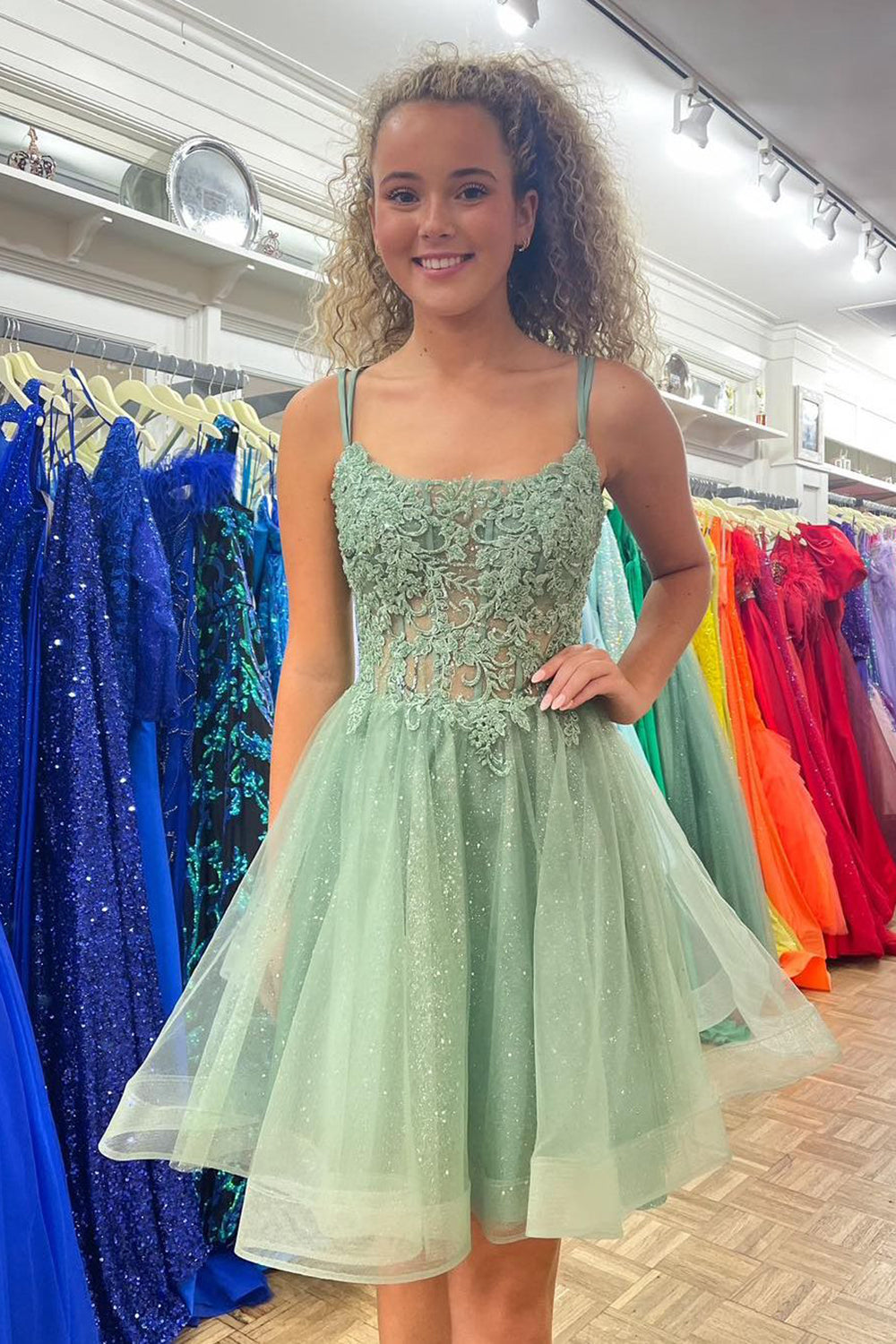 Dressystars Mint Homecoming Dress A Line Corset Short Prom Dress with Lace