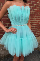 Dressystars Mint Ruched A Line Homecoming Dresses Ruffled Strapless Short Cocktail Dresses