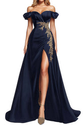 Dressystars Navy Blue Wedding Guest Dress Beaded Satin A Line Long Formal Dress With Slit