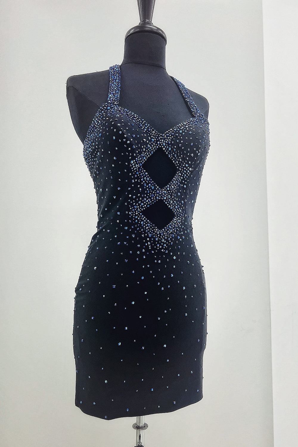 Dressystars Navy Homecoming Dress Beaded Halter Tight Short Prom Dress