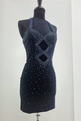 Dressystars Navy Homecoming Dress Beaded Halter Tight Short Prom Dress