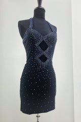 Dressystars Navy Homecoming Dress Beaded Halter Tight Short Prom Dress