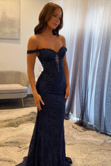 Dressystars Navy Mermaid Prom Dress Off The Shoulder Long Lace Formal Dress