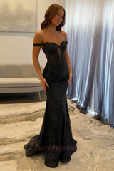 Dressystars Navy Mermaid Prom Dress Off The Shoulder Long Lace Formal Dress