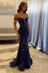 Dressystars Navy Mermaid Prom Dress Off The Shoulder Long Lace Formal Dress