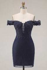 Dressystars Navy Off-the-Shoulder Beaded Ruched Tight Short Homecoming Dress