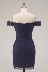 Dressystars Navy Off-the-Shoulder Beaded Ruched Tight Short Homecoming Dress