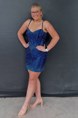Dressystars Navy Tight Homecoming Dresses Beaded Short Corset Cocktail Dresses