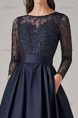 Dressystars Navy Wedding Guest Dress Beaded A Line Long Sleeves Formal Dress With Lace