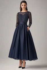 Dressystars Navy Wedding Guest Dress Beaded A Line Long Sleeves Formal Dress With Lace
