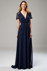 Dressystars Navy Wedding Guest Dress Chiffon Deep V-Neck Long Formal Dress