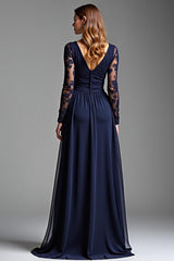 Dressystars Navy Wedding Guest Dress Chiffon V-Neck Long Formal Dress With Long Sleeves