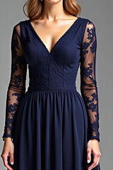 Dressystars Navy Wedding Guest Dress Chiffon V-Neck Long Formal Dress With Long Sleeves