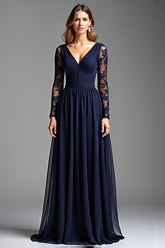 Dressystars Navy Wedding Guest Dress Chiffon V-Neck Long Formal Dress With Long Sleeves