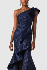 Dressystars Navy Wedding Guest Dress One Shoulder Mermaid Long Formal Dress With Ruffles
