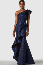 Dressystars Navy Wedding Guest Dress One Shoulder Mermaid Long Formal Dress With Ruffles