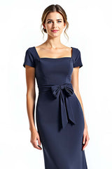 Dressystars Navy Wedding Guest Dress Square Neck Long Formal Dress With Bowknot