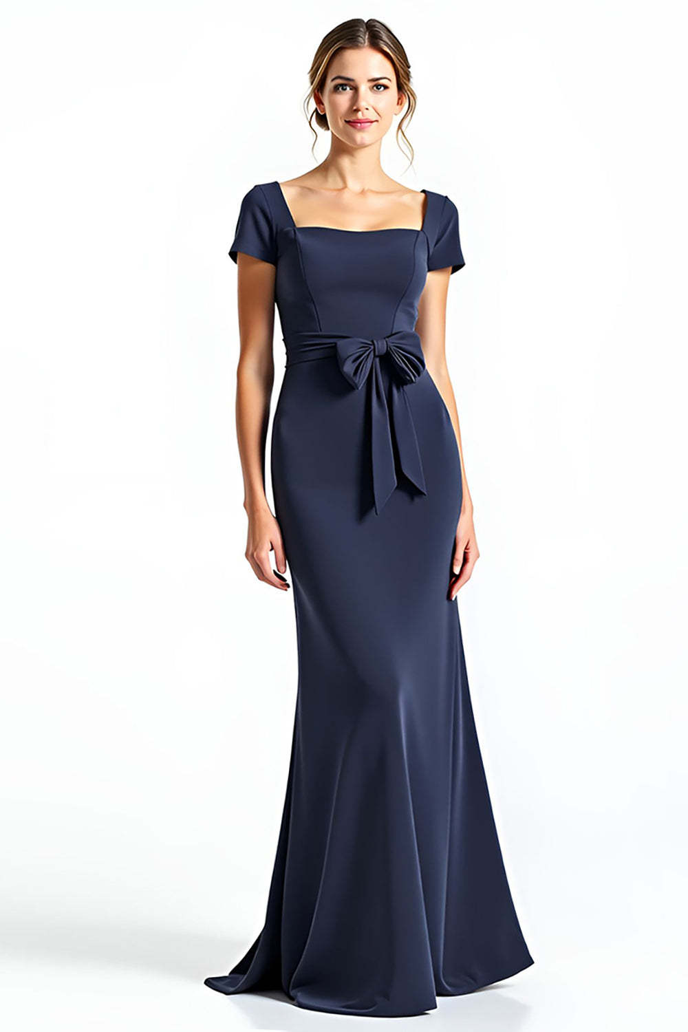 Dressystars Navy Wedding Guest Dress Square Neck Long Formal Dress With Bowknot