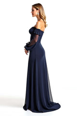Dressystars Navy Wedding Guest Dress Sweetheart Long Sheer Sleeves Formal Dress With Ruffles