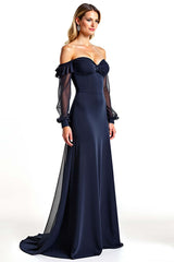 Dressystars Navy Wedding Guest Dress Sweetheart Long Sheer Sleeves Formal Dress With Ruffles