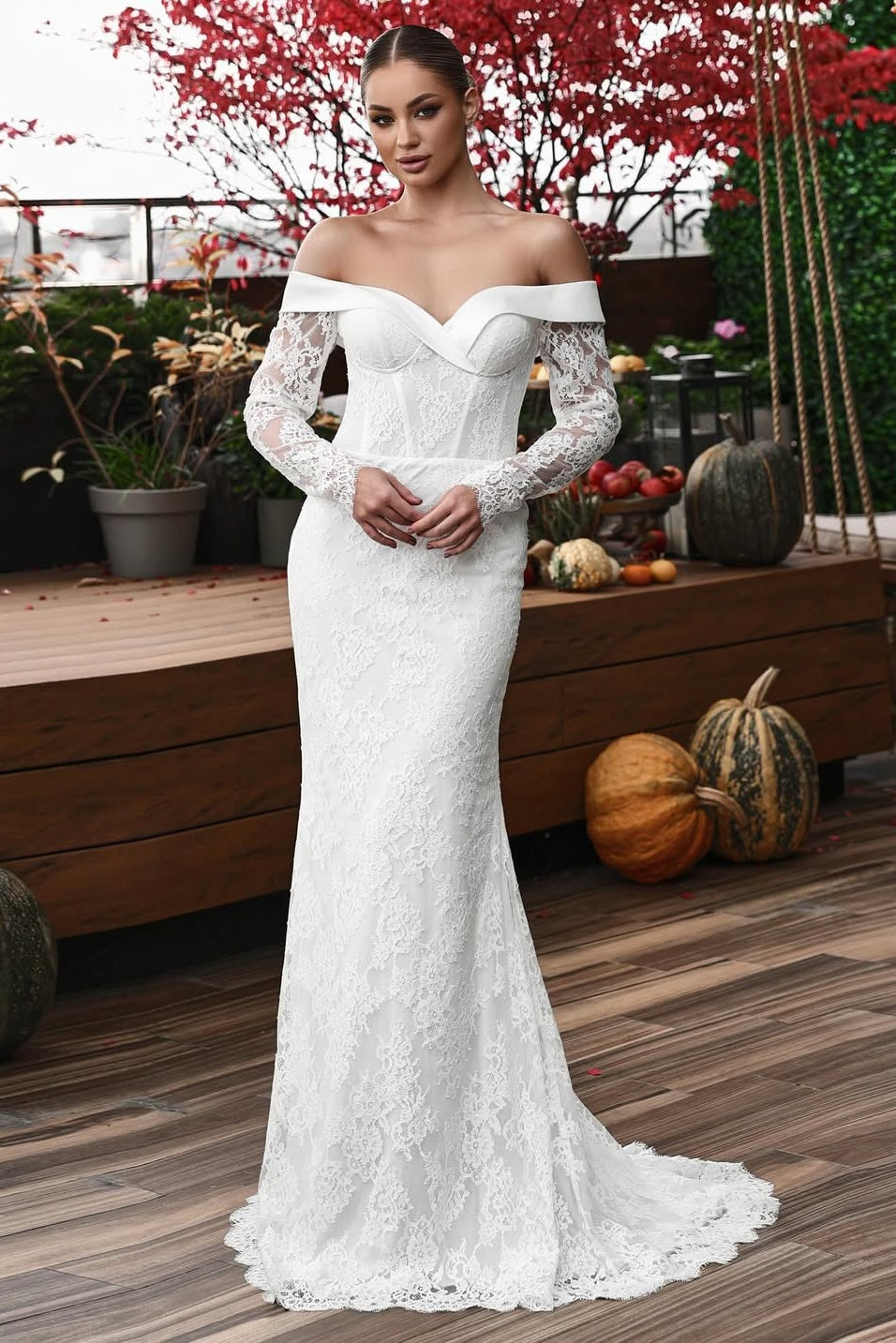 Dressystars Off The Shoulder Beach Wedding Dress Long Sleeve Lace SheathColumn Bridal Gown