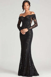 Dressystars Off The Shoulder Black Wedding Guest Dress Sheath Formal Dress With Lace Long Sleeves