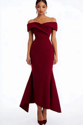 Dressystars Off The Shoulder Burgundy Wedding Guest Dress Satin Ankle-Length Formal Dress