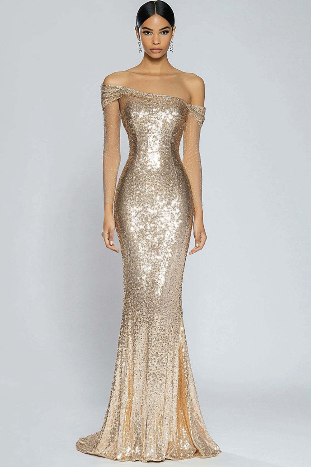 Dressystars Off The Shoulder Champagne Wedding Guest Dress Mermaid Off The Shoulder Long Formal Dress