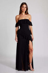 Dressystars Off The Shoulder Chiffon Black Wedding Guest Dress Formal Dress With Slit
