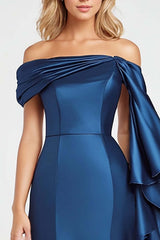 Dressystars Off The Shoulder Dark Blue Wedding Guest Dress Mermaid Satin Long Formal Dress With Ruffles