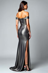 Dressystars Off The Shoulder Dark Grey Sheath Long Formal Dress With Slit